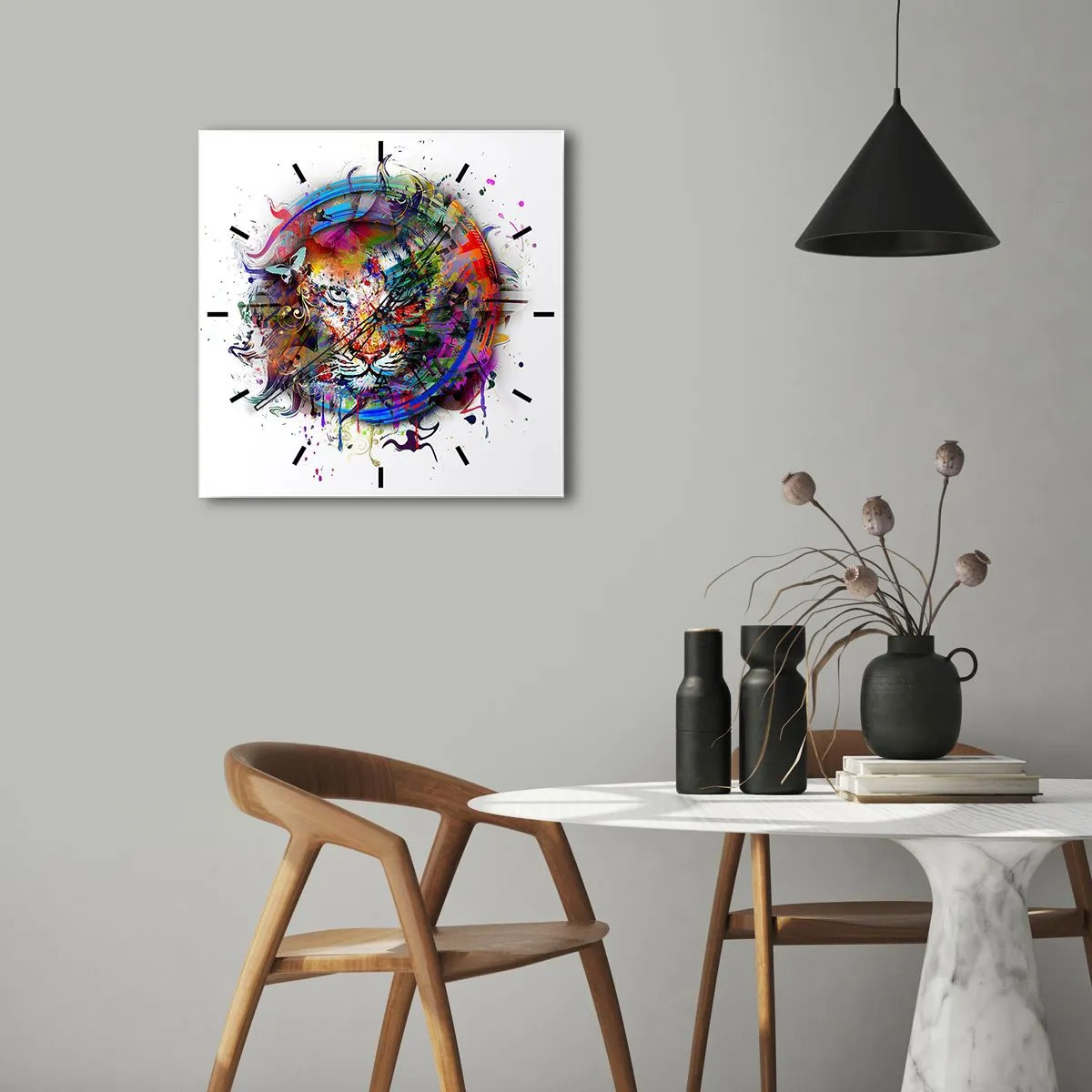 Zegar ścienny - Czai się za tęczową zasłoną - 30x30 cm