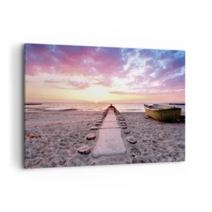 Obraz na płótnie - Plaża o wschodzie słońca z łodzią i pomostem - 100x70cm - Chwila głębokiego przeżycia - Nowoczesna dekoracja ścienna do salonu, kuchni i sypialni ARTTOR