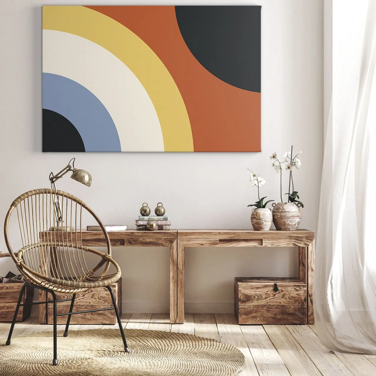 Obraz na płótnie - Abstrakcyjna grafika z kolorowymi łukami i kontrastowymi kołami - 70x50cm - Ku sobie - Nowoczesna dekoracja ścienna do salonu i sypialni ARTTOR