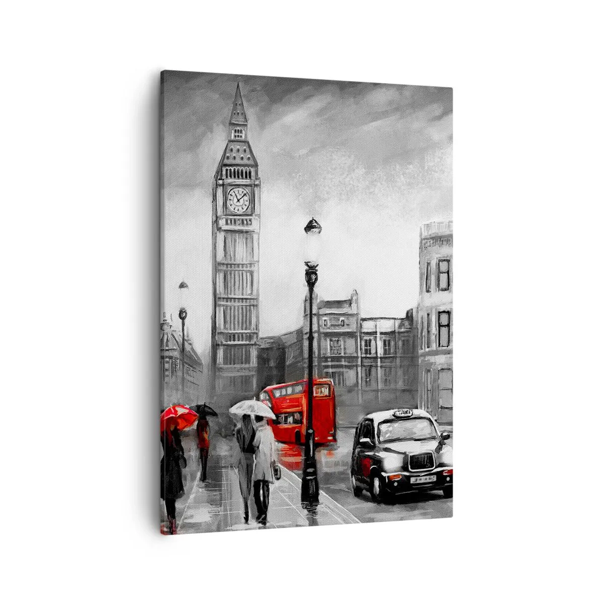 Obraz na płótnie - Londyński Big Ben w deszczowej scenerii z czerwonym autobusem i taksówką - 50x70cm - Wcale nie szare miasto - Nowoczesna dekoracja ścienna do salonu, kuchni i sypialni ARTTOR