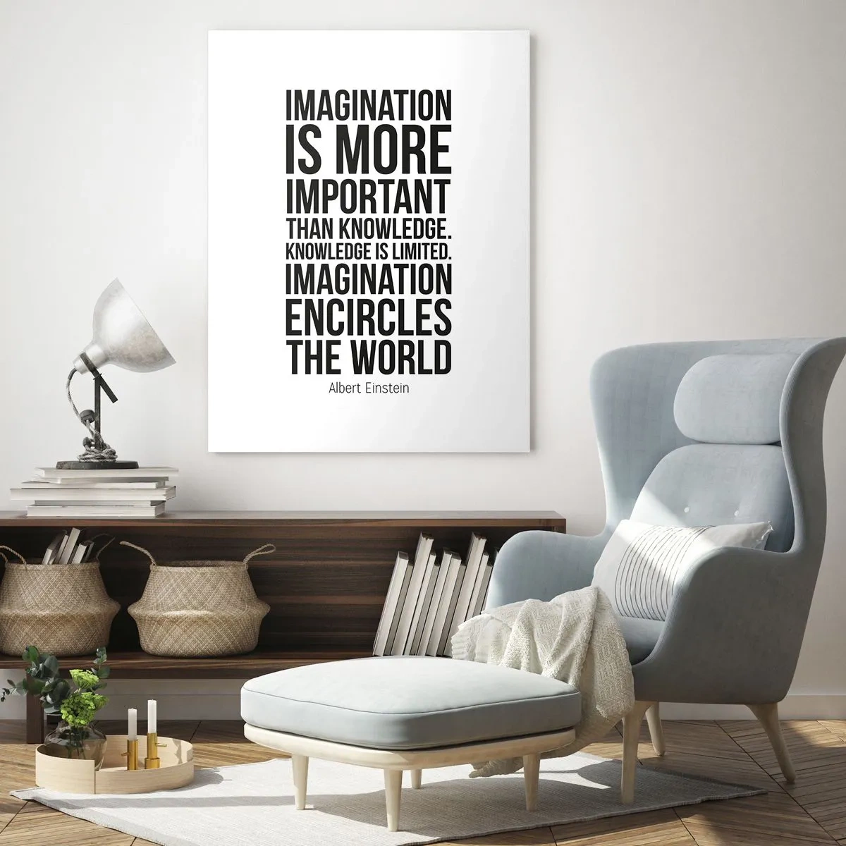 Obraz na szkle - Cytat o wyobraźni w minimalistycznej typografii - 50x70cm - Einstein o mocy wyobraźni - Nowoczesna dekoracja ścienna do salonu, kuchni i sypialni ARTTOR