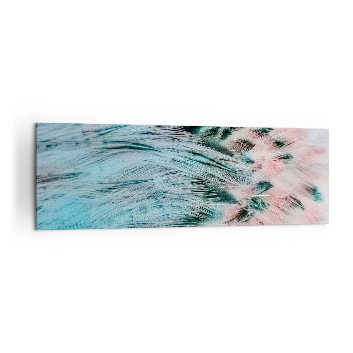 Obraz na płótnie - Zbliżenie na pióra w pastelowych szafirowo-różowych barwach - 160x50cm - Szafirowo-różowy puch - Nowoczesna dekoracja ścienna do salonu i sypialni ARTTOR