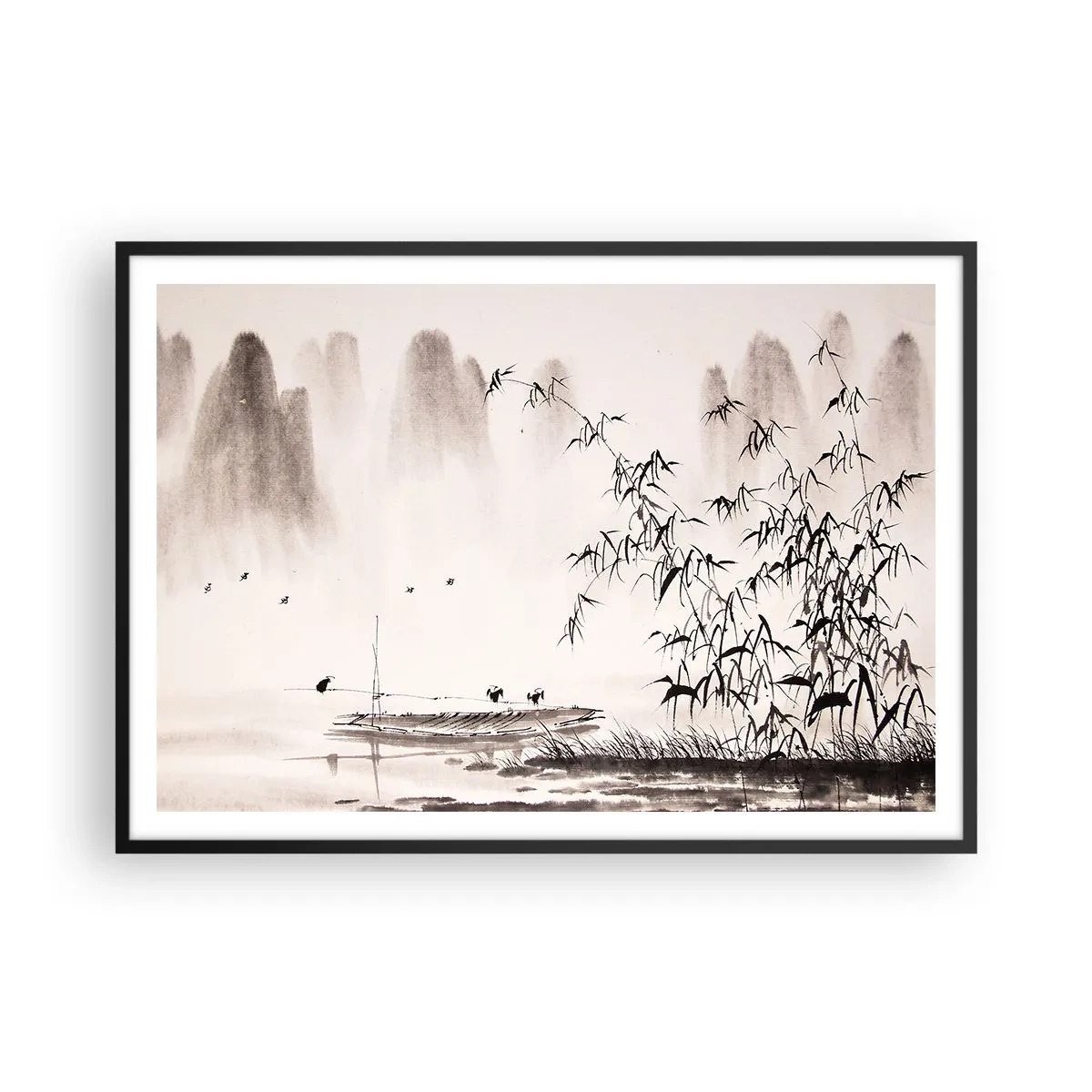 Plakat w czarnej ramie - Minimalistyczny pejzaż w stylu orientalnym - 100x70cm - Cisza ryżowych pól - Nowoczesna dekoracja ścienna do salonu i sypialni ARTTOR