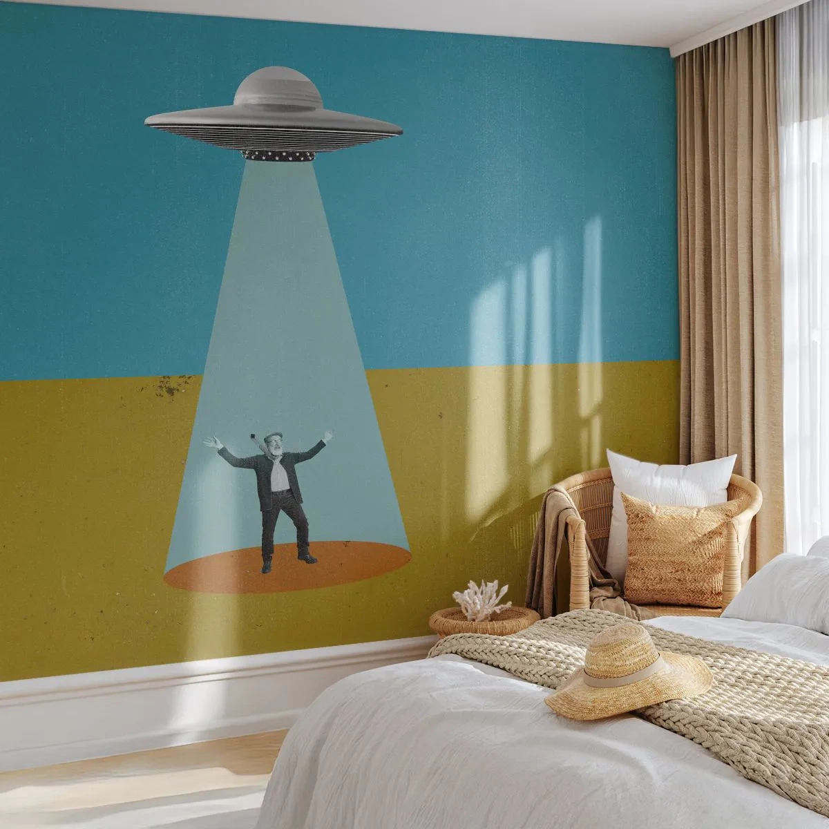 Fototapeta Premium Sand - Grafika z UFO unoszącym człowieka w świetle na pustkowiu - 100x70cm - Bliskie spotkanie - Nowoczesna dekoracja ścienna do salonu, kuchni i sypialni ARTTOR