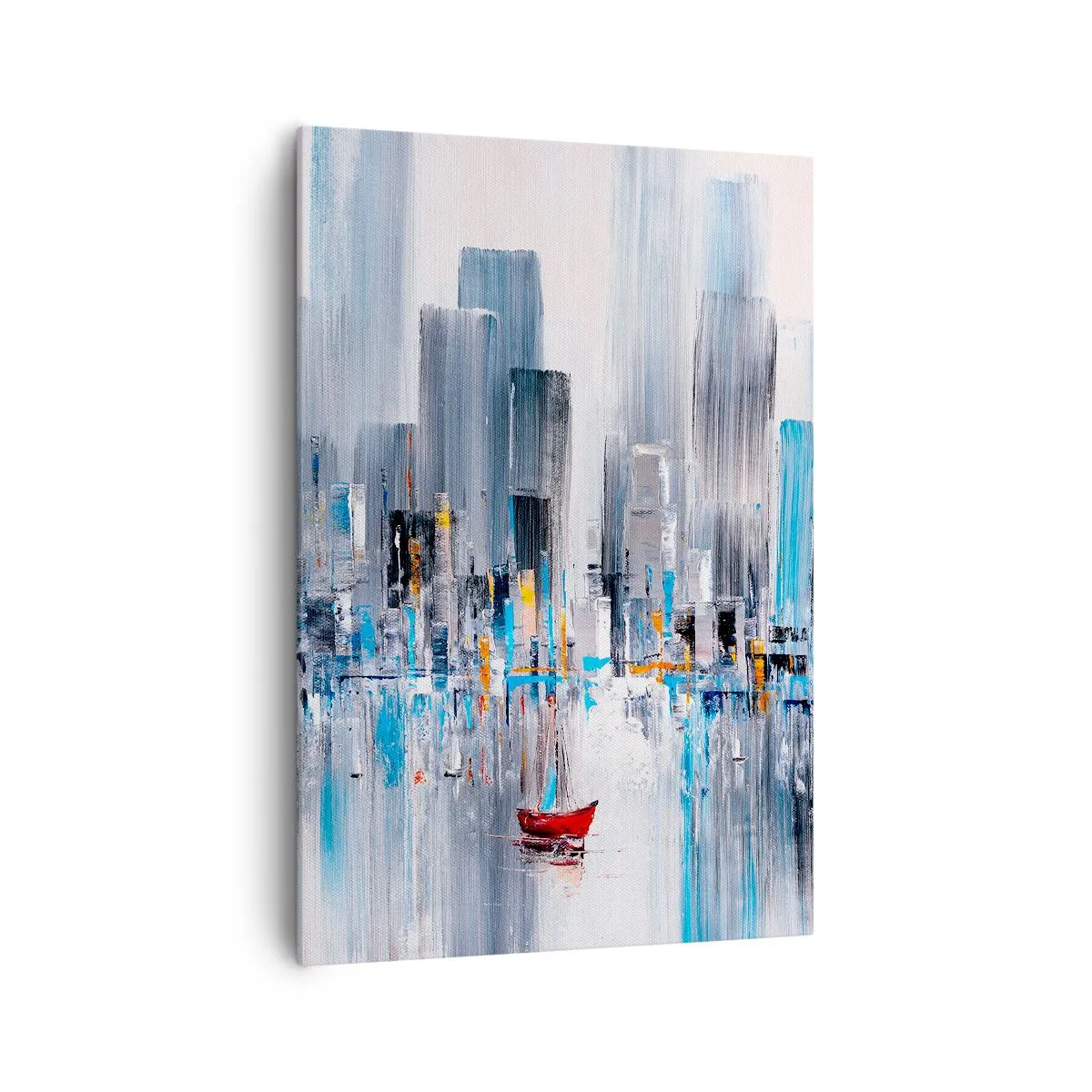 Obraz na płótnie - Abstrakcyjna panorama miasta z czerwonym żaglowcem na wodzie - 70x100cm - Metropolia nad zatoką - Nowoczesna dekoracja ścienna do salonu i sypialni ARTTOR