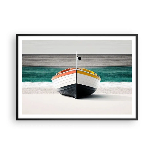 Plakat w czarnej ramie - Łódź na plaży z turkusowym morzem w tle - 100x70cm - Na swoim miejscu - Nowoczesna dekoracja ścienna do salonu i sypialni ARTTOR