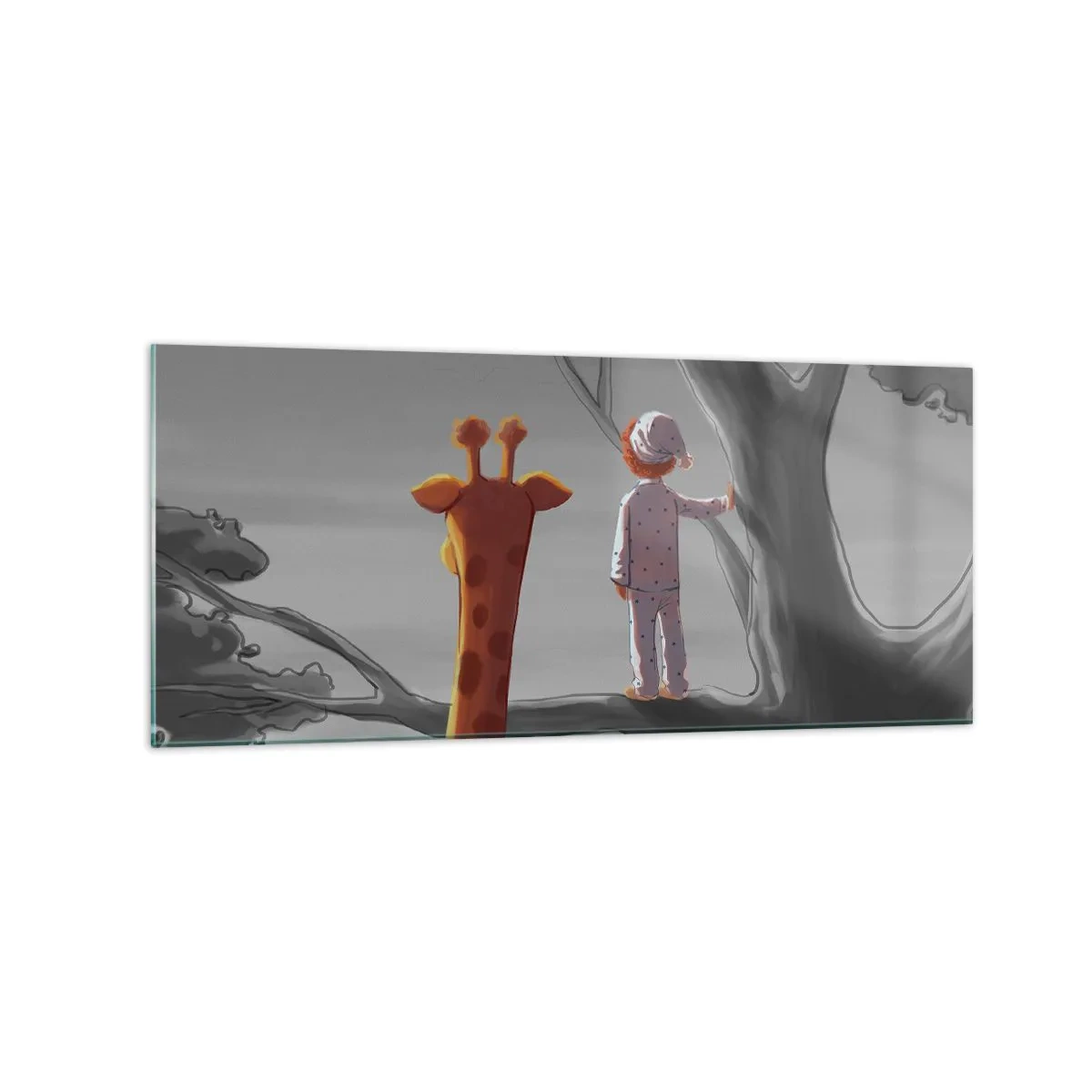 Obraz na szkle - Dziecko i żyrafa na gałęzi drzewa w bajkowym krajobrazie - 120x50cm - To się naprawdę dzieje - Nowoczesna dekoracja ścienna do salonu i sypialni ARTTOR