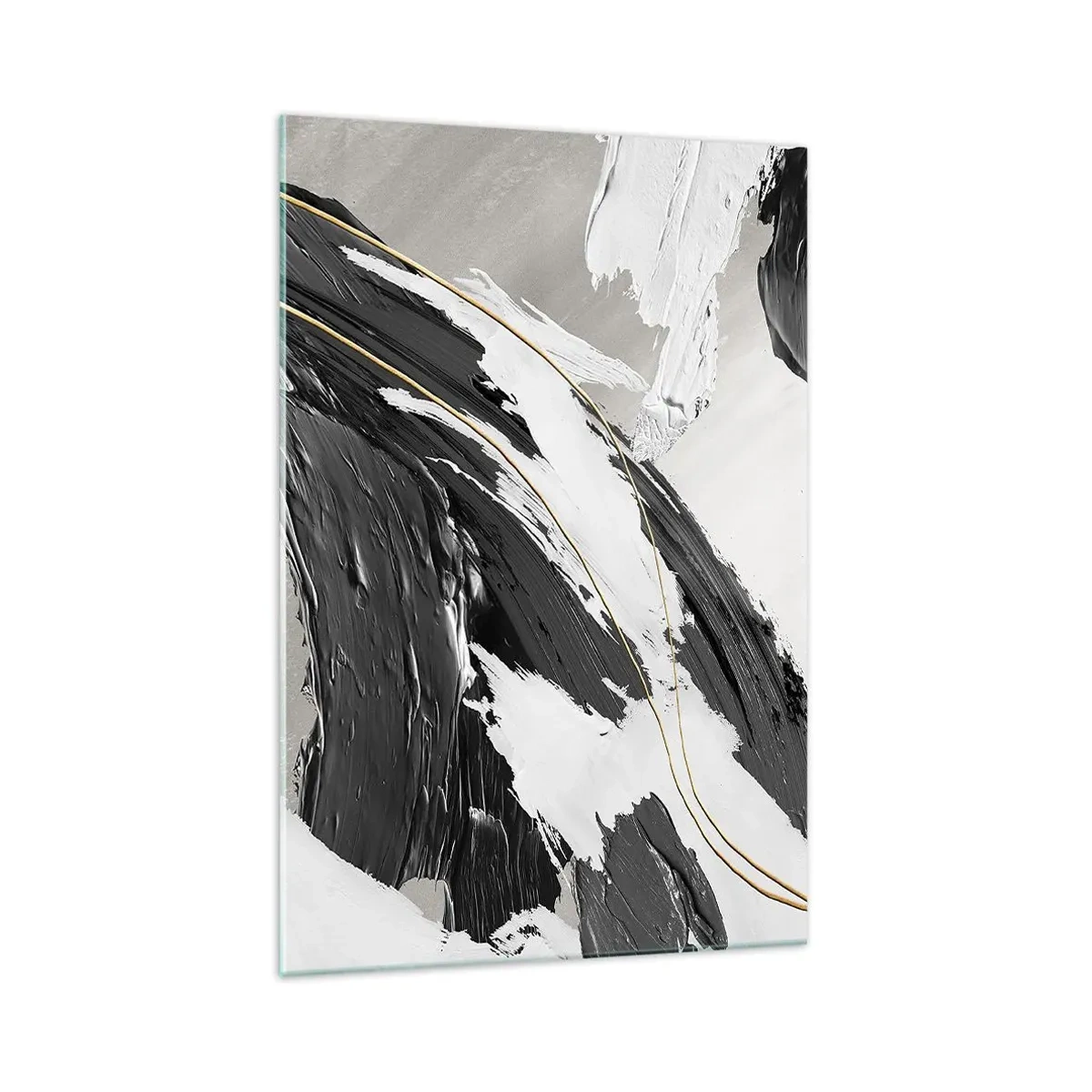 Obraz na szkle - Czarno-białe pociągnięcia farby z delikatnym złotym akcentem - 70x100cm - Abstrakcja z rozmachem - Nowoczesna dekoracja ścienna do salonu i sypialni ARTTOR