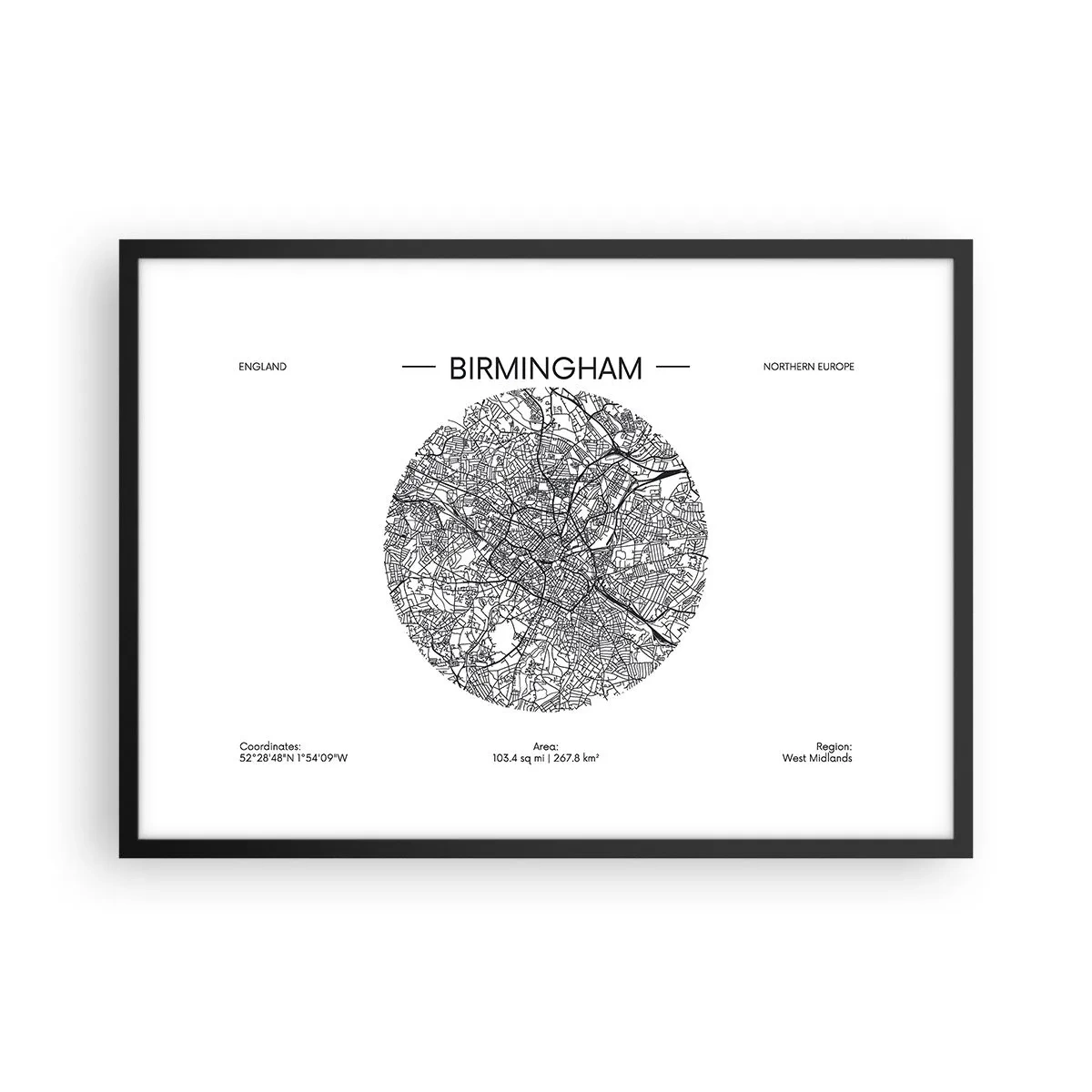 Plakat w czarnej ramie - Minimalistyczna mapa Birmingham w czarno-białej kolorystyce z precyzyjnymi detalami - 70x50cm - Anatomia Birmingham - Nowoczesna dekoracja ścienna do salonu i sypialni ARTTOR