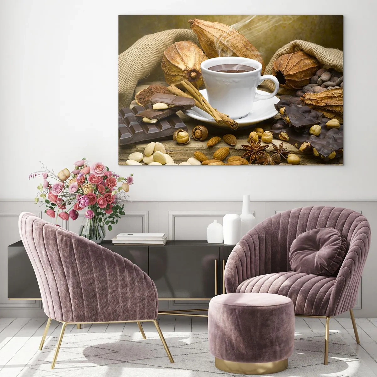 Obraz na szkle - Filiżanka gorącej czekolady otoczona czekoladą i przyprawami - 70x50cm - Dla poszukiwaczy wrażeń - Nowoczesna dekoracja ścienna do salonu i sypialni ARTTOR