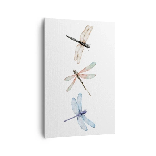 Obraz na płótnie - Trzy ważki w delikatnych pastelowych barwach - 80x120cm - Ważki nieważkie - Nowoczesna dekoracja ścienna do salonu i sypialni ARTTOR