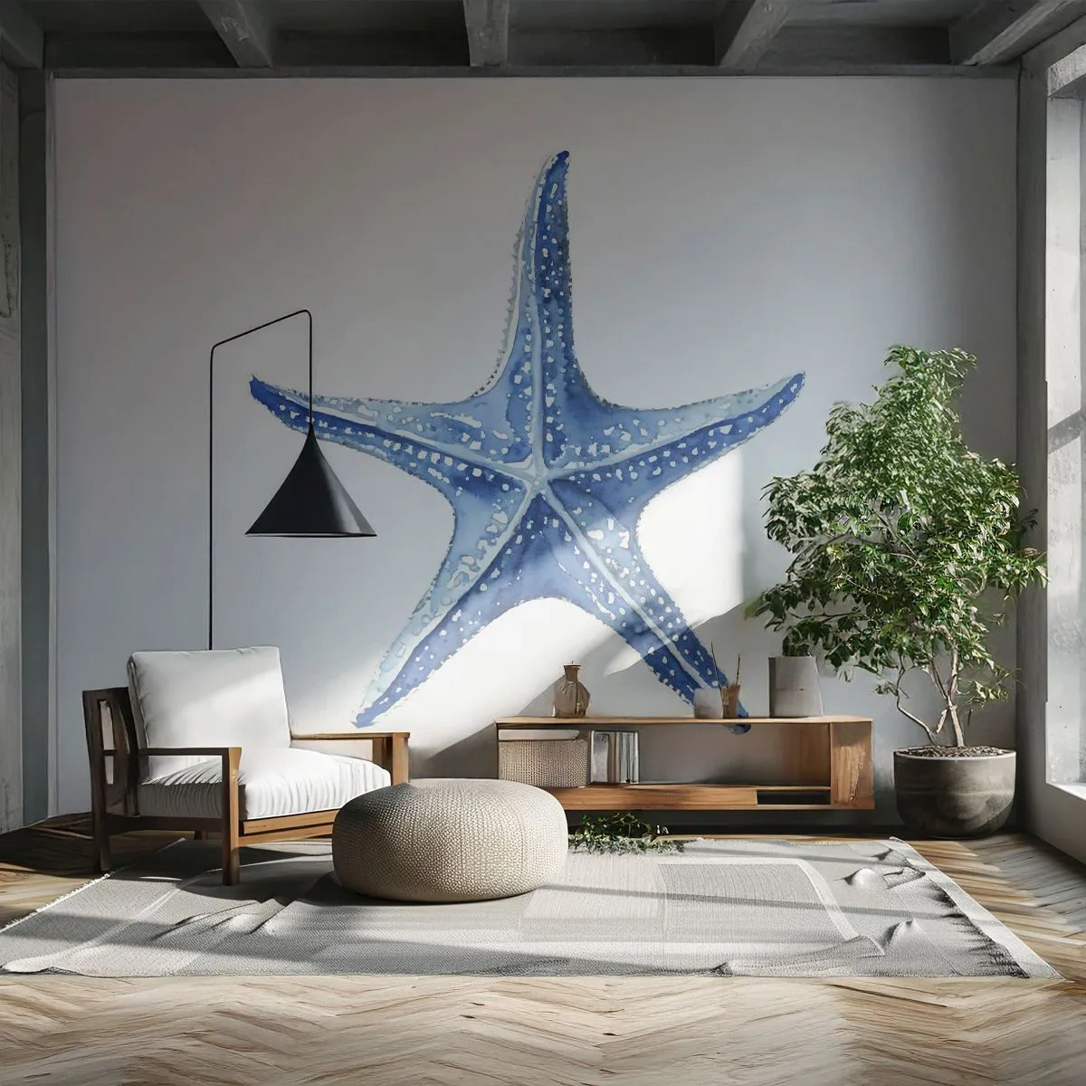 Fototapeta Standard Eco - Błękitna rozgwiazda na białym tle w stylu akwareli - 100x70cm - Gwiazda morza - Nowoczesna dekoracja ścienna do salonu i sypialni ARTTOR