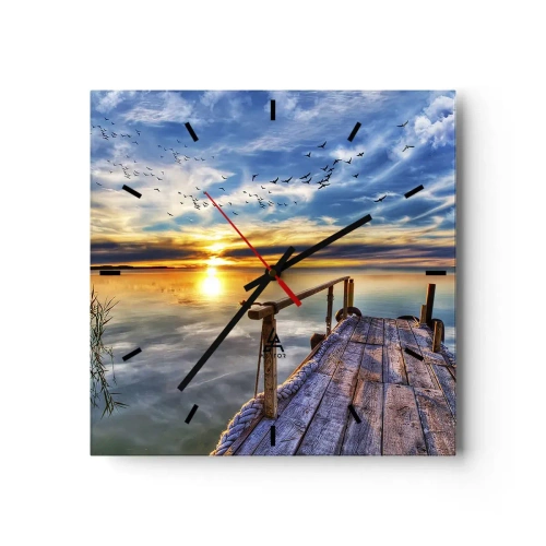 Zegar ścienny - Drewniany pomost nad jeziorem o zachodzie słońca - 30x30cm - Wiatr idzie na spoczynek - Nowoczesna dekoracja ścienna do salonu i sypialni ARTTOR