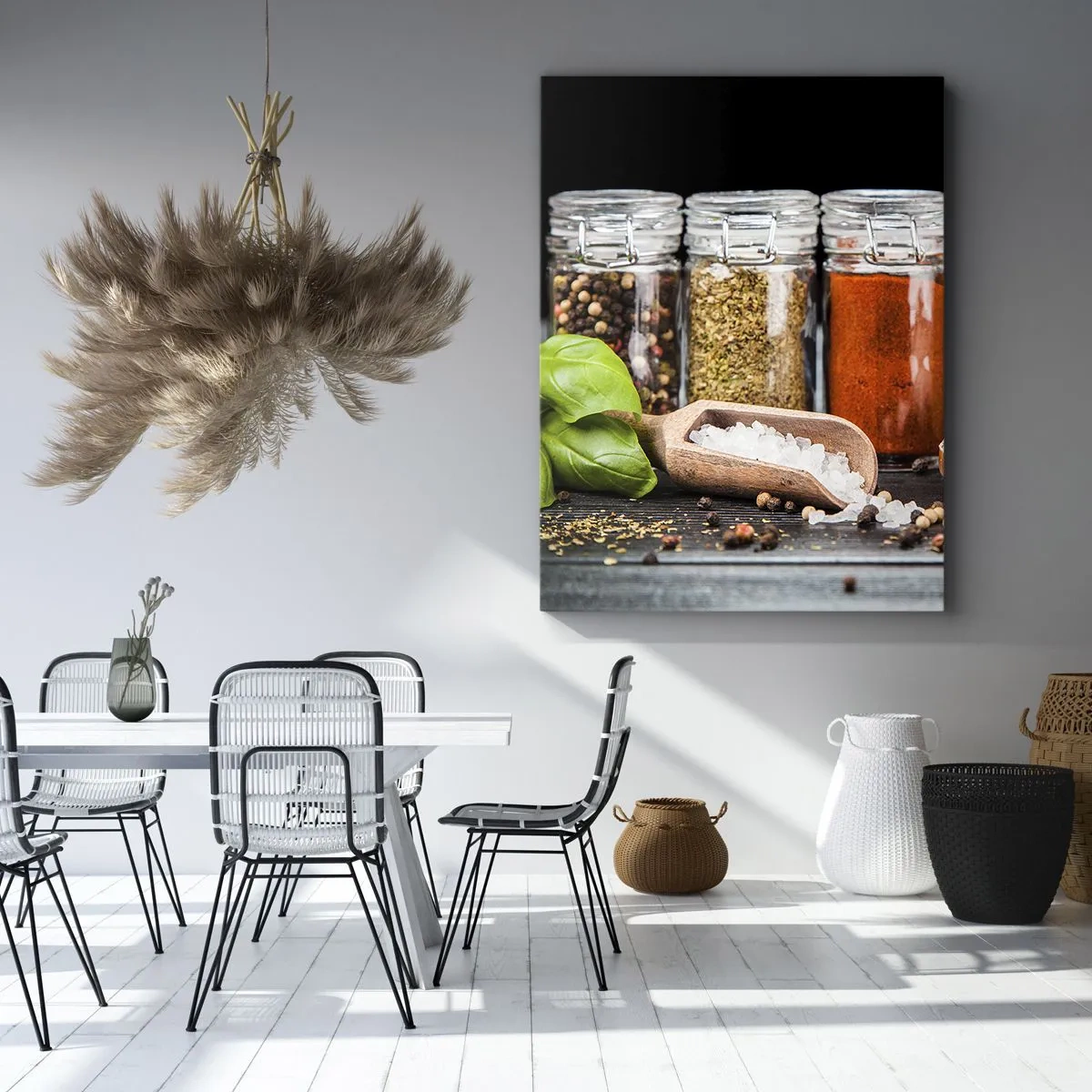 Obraz na płótnie - Zioła i przyprawy w szklanych słoikach na ciemnym tle - 70x100cm - Żeby życie miało smak - Nowoczesna dekoracja ścienna do salonu i sypialni ARTTOR