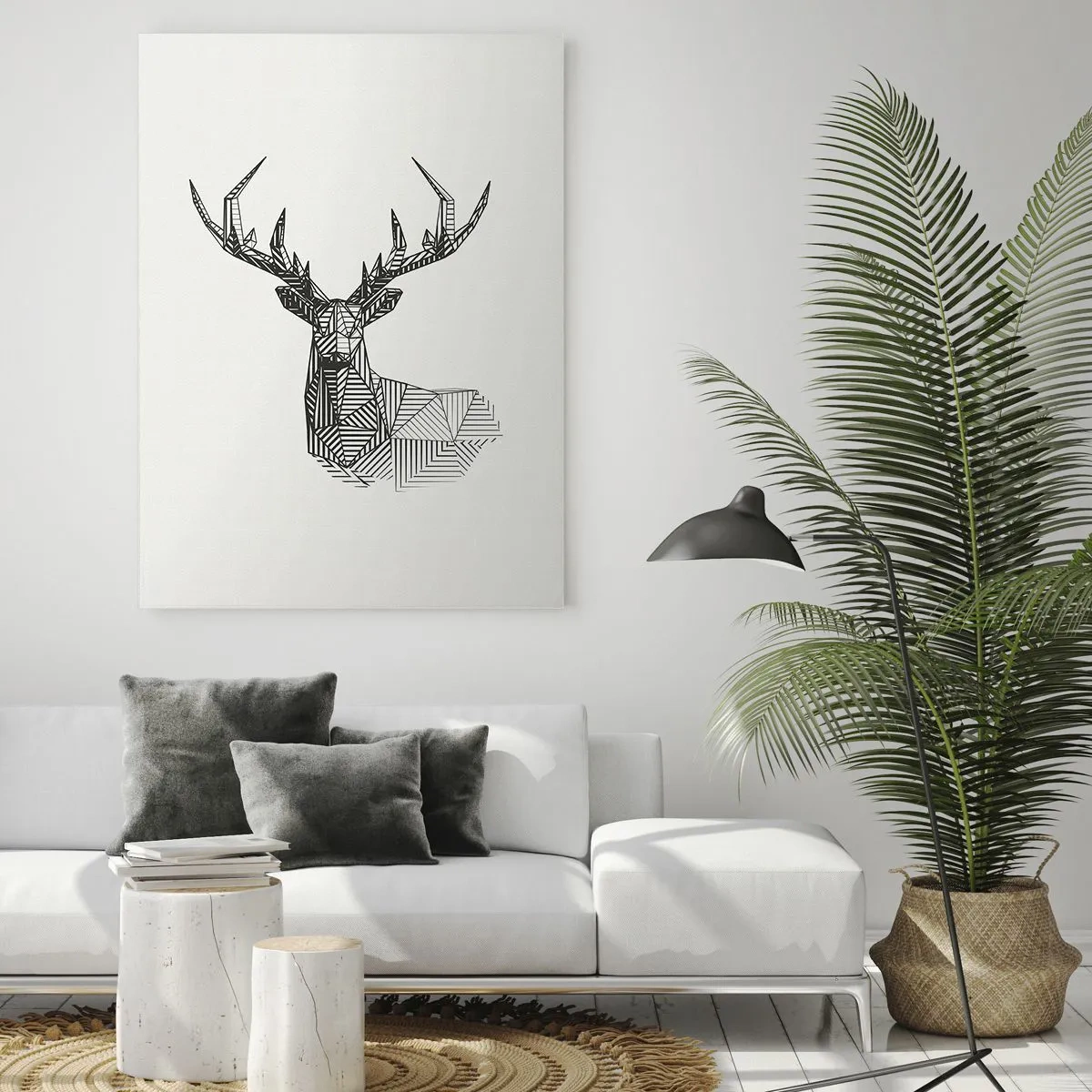 Obraz na szkle - Geometryczny wizerunek jelenia w minimalistycznym czarno-białym stylu - 80x120cm - Jeleń w kubistycznym stylu - Nowoczesna dekoracja ścienna do salonu i sypialni ARTTOR