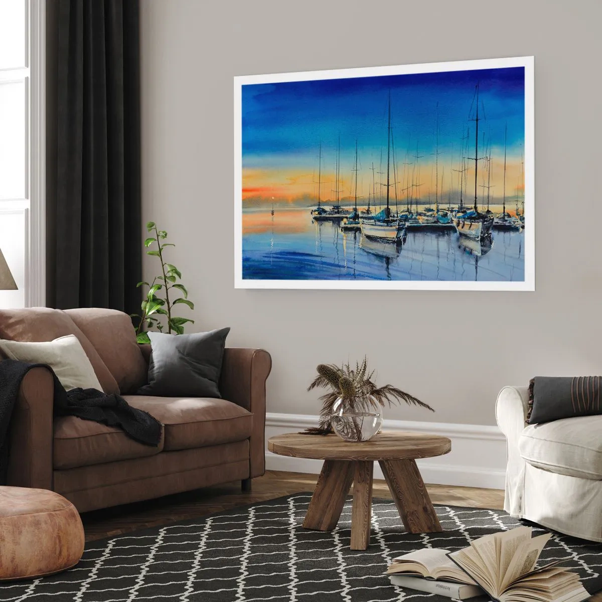 Plakat - Port jachtowy o zachodzie słońca z odbiciami na wodzie - 100x70cm - Koniec dobrego dnia - Nowoczesna dekoracja ścienna do salonu i sypialni ARTTOR