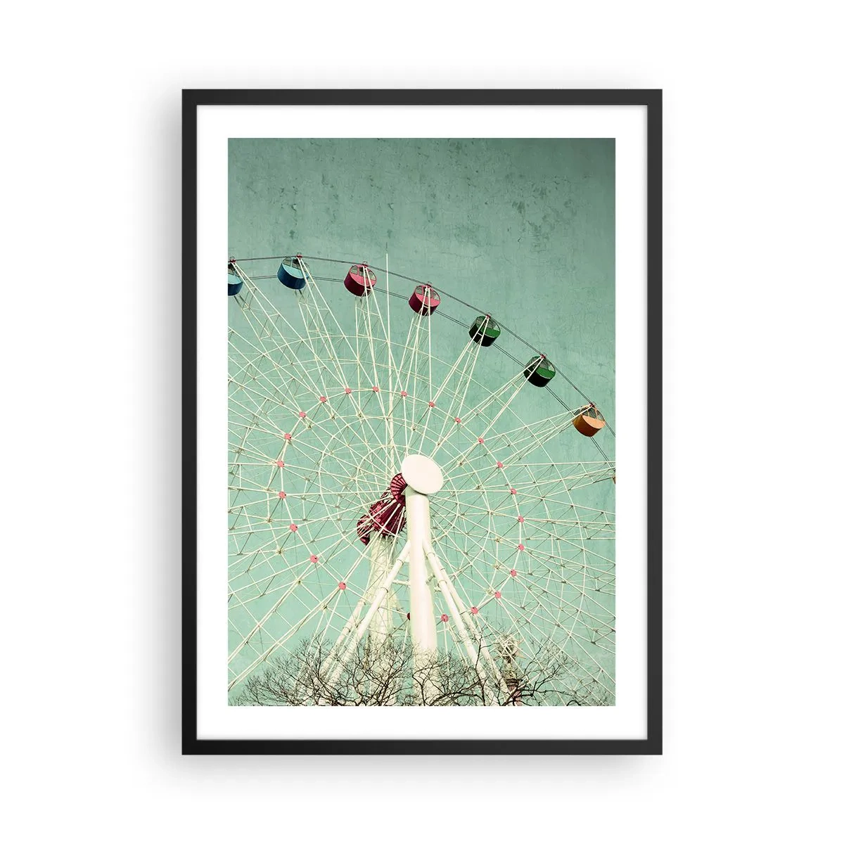 Plakat w czarnej ramie - Diabelski młyn na tle miętowego nieba w stylu retro - 50x70cm - Zapraszamy do zabawy - Nowoczesna dekoracja ścienna do salonu i sypialni ARTTOR