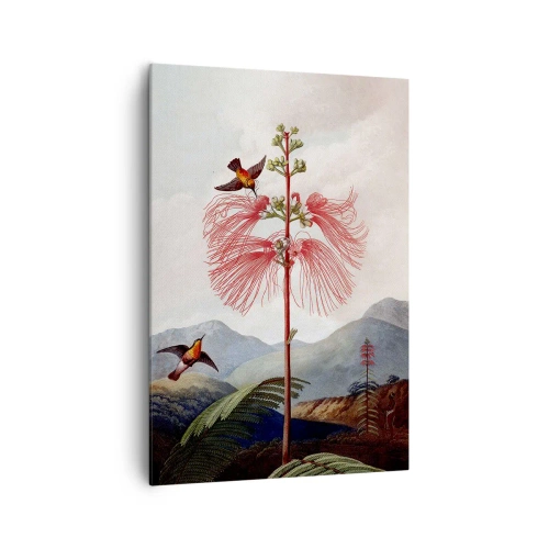 Obraz na płótnie - Ilustracja botaniczna z egzotycznym kwiatem i kolibrami na tle górskiego krajobrazu - 70x100cm - W tropikalnym raju - Nowoczesna dekoracja ścienna do salonu i sypialni ARTTOR