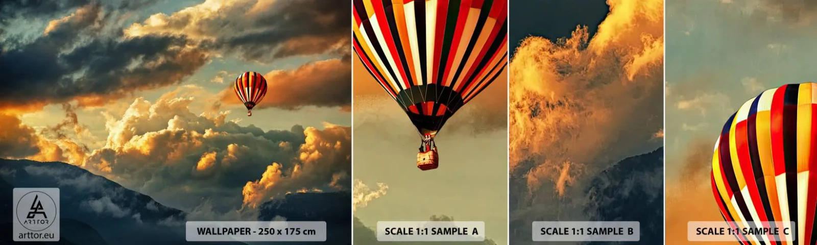 Fototapeta Próbka Samoprzylepna Deluxe Sticker - Lecę, bo chcę - Abstrakcja, Lot Balonem, Góry - 100x30 cm