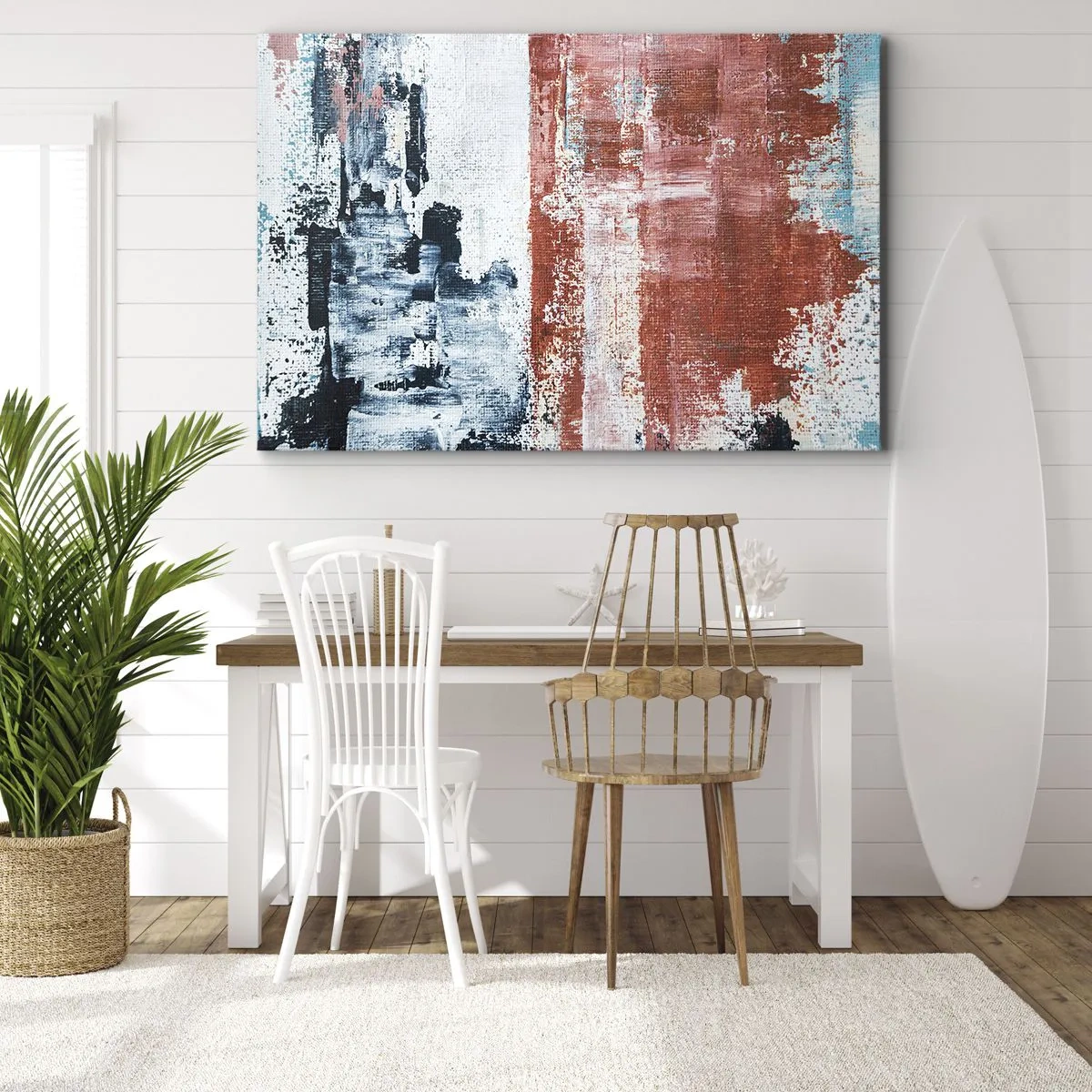 Obraz na płótnie - Abstrakcja w biało-niebieskich i ceglanych barwach - 70x50cm - Abstrakcyjne pół na pół - Nowoczesna dekoracja ścienna do salonu i sypialni ARTTOR