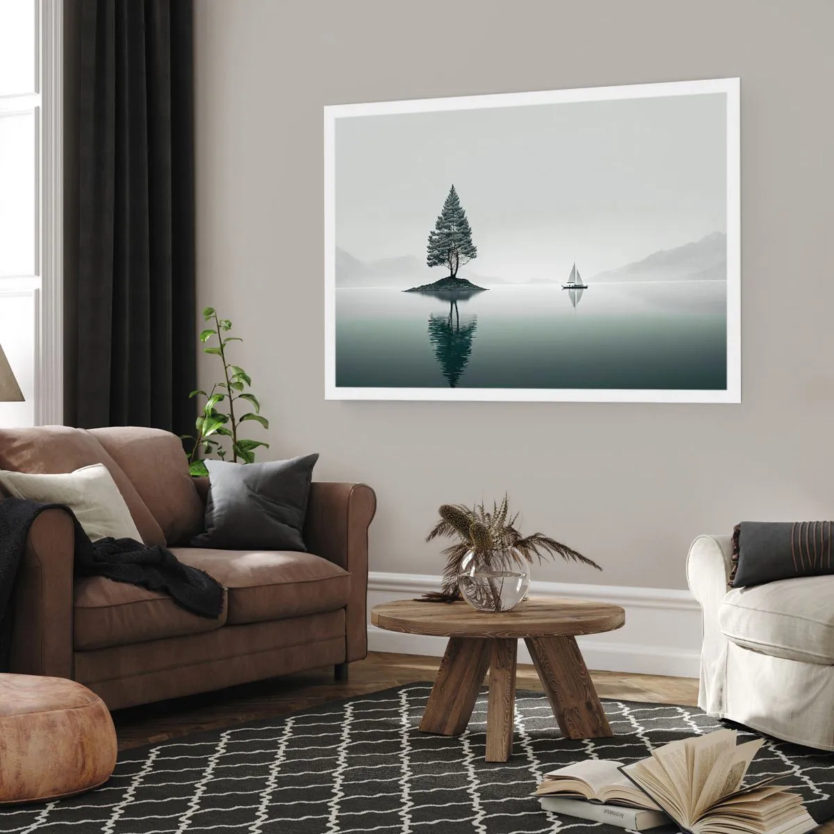 Plakat - Minimalistyczny pejzaż z drzewem na wyspie i żaglówką - 100x70cm - Marzenie senne - Nowoczesna dekoracja ścienna do salonu i sypialni ARTTOR