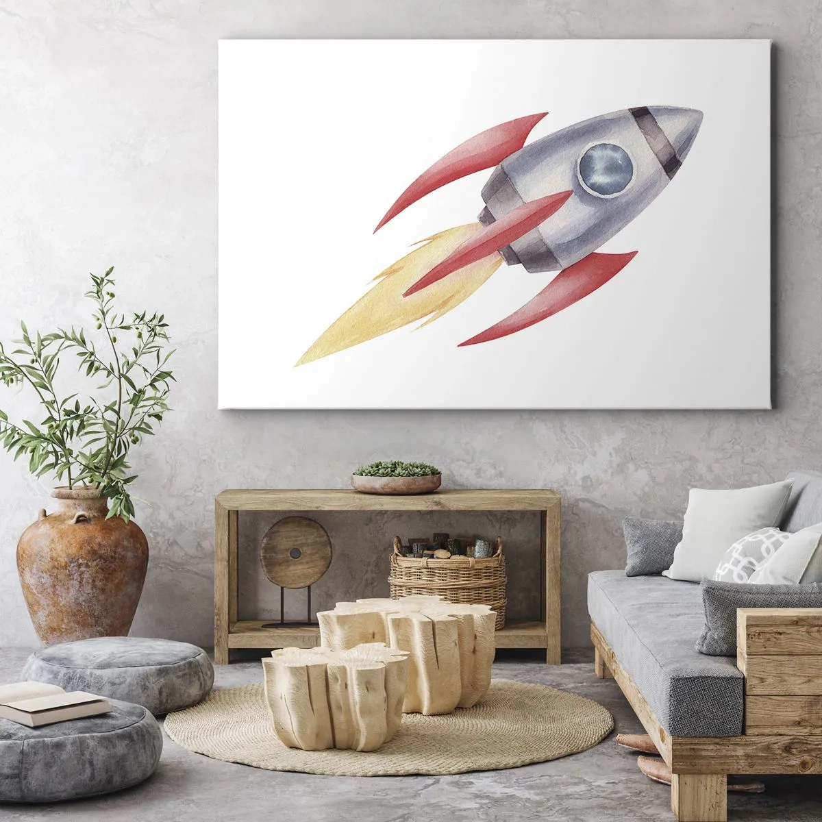 Obraz na płótnie - Rakieta w stylu akwarelowym na białym tle - 70x50cm - Wyżej, prędzej, dalej - Nowoczesna dekoracja ścienna do salonu i sypialni ARTTOR