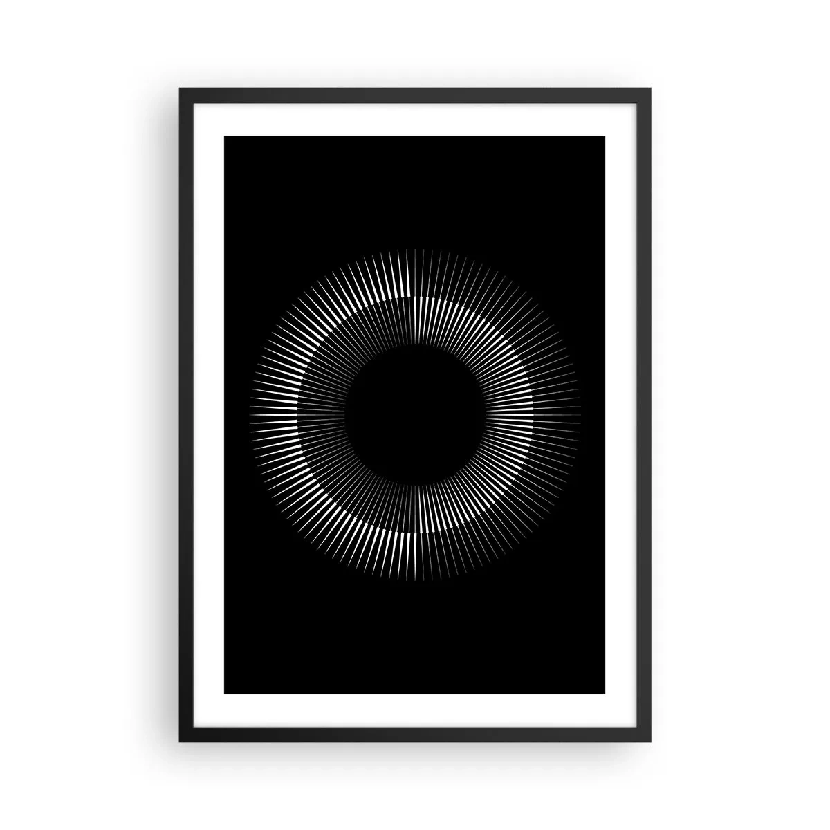 Plakat w czarnej ramie - Hipnotyzująca kompozycja świetlistego okręgu na czarnym tle - 50x70cm - Czarne Słońce - Nowoczesna dekoracja ścienna do salonu i sypialni ARTTOR