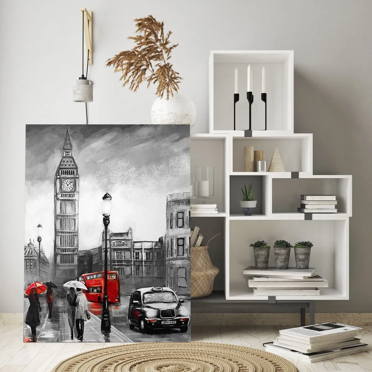 Obraz na szkle - Scena z Londynu w czarno-białym stylu z czerwonymi akcentami - 70x100cm - Wcale nie szare miasto - Nowoczesna dekoracja ścienna do salonu i sypialni ARTTOR