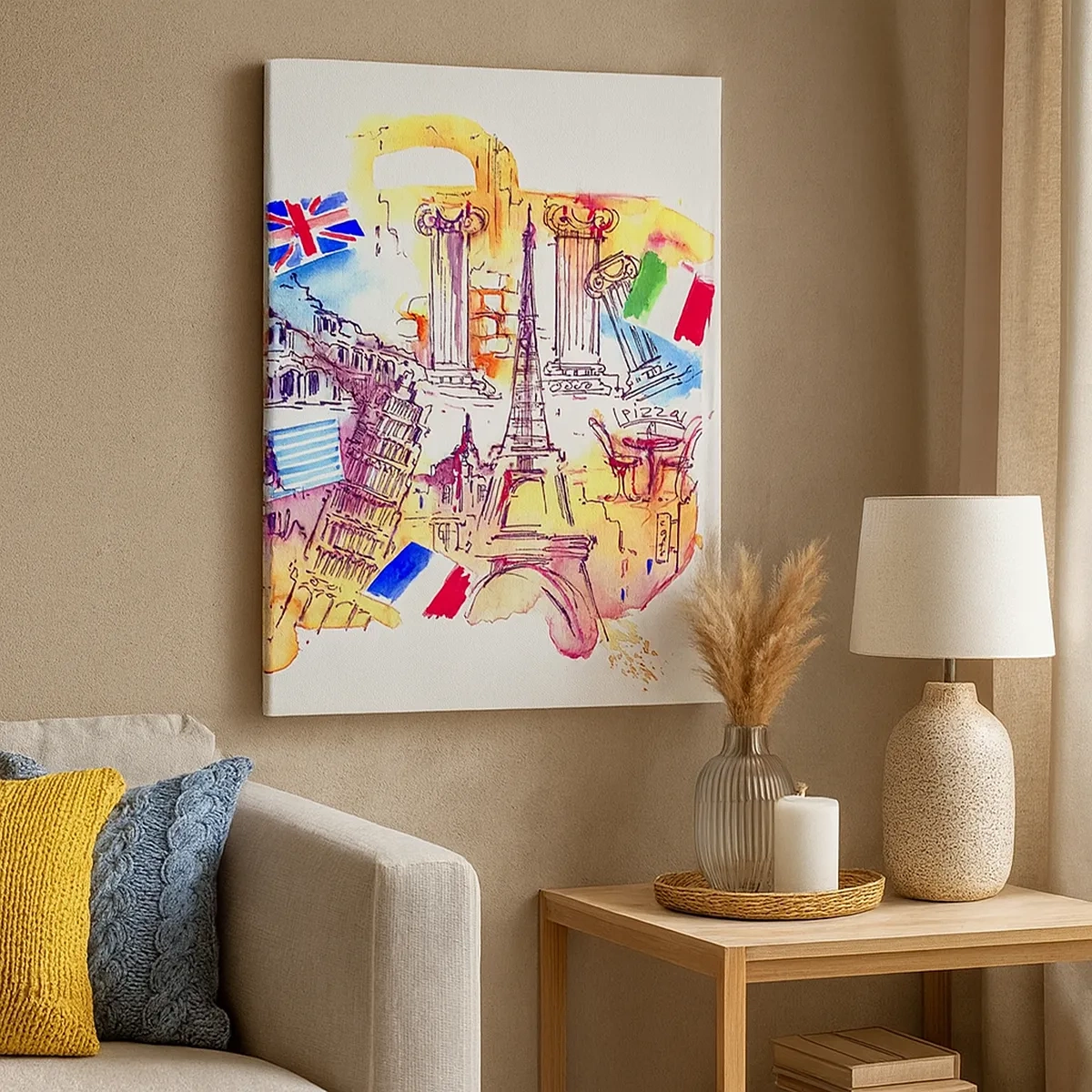 Obraz na płótnie - Akwarelowy kolaż europejskich symboli, w tym Wieży Eiffla i Koloseum - 50x70cm - Europejskie tourne - Nowoczesna dekoracja ścienna do salonu, kuchni i sypialni ARTTOR