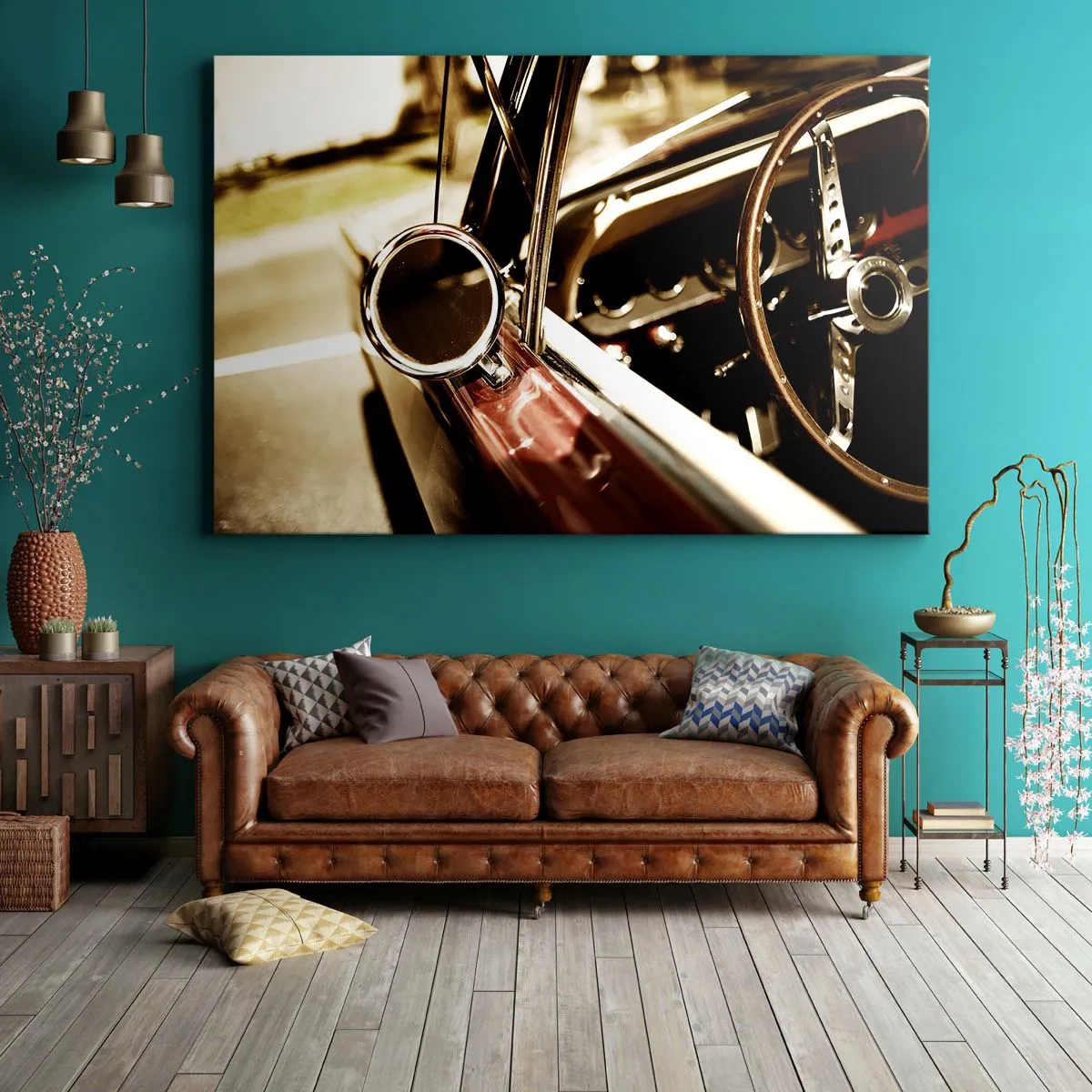 Obraz na płótnie - Zbliżenie na lusterko i wnętrze klasycznego samochodu retro - 70x50cm - Auto z duszą - Nowoczesna dekoracja ścienna do salonu i sypialni ARTTOR