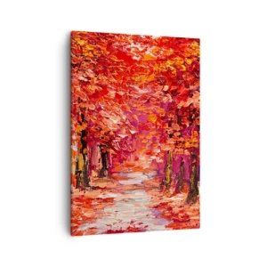 Obraz na płótnie - Jesienny pejzaż namalowany impastem w ciepłych odcieniach czerwieni i pomarańczu - 50x70cm - Jesienna impresja - Nowoczesna dekoracja ścienna do salonu, kuchni i sypialni ARTTOR