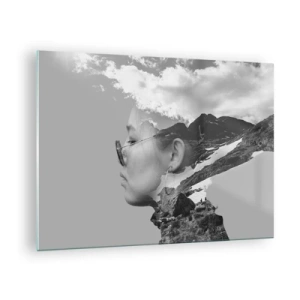 Obraz na szkle - A creative double exposure portrait with a mountain landscape and clouds - 70x50cm - Portret górny i chmurny - Nowoczesna dekoracja ścienna do salonu i sypialni ARTTOR