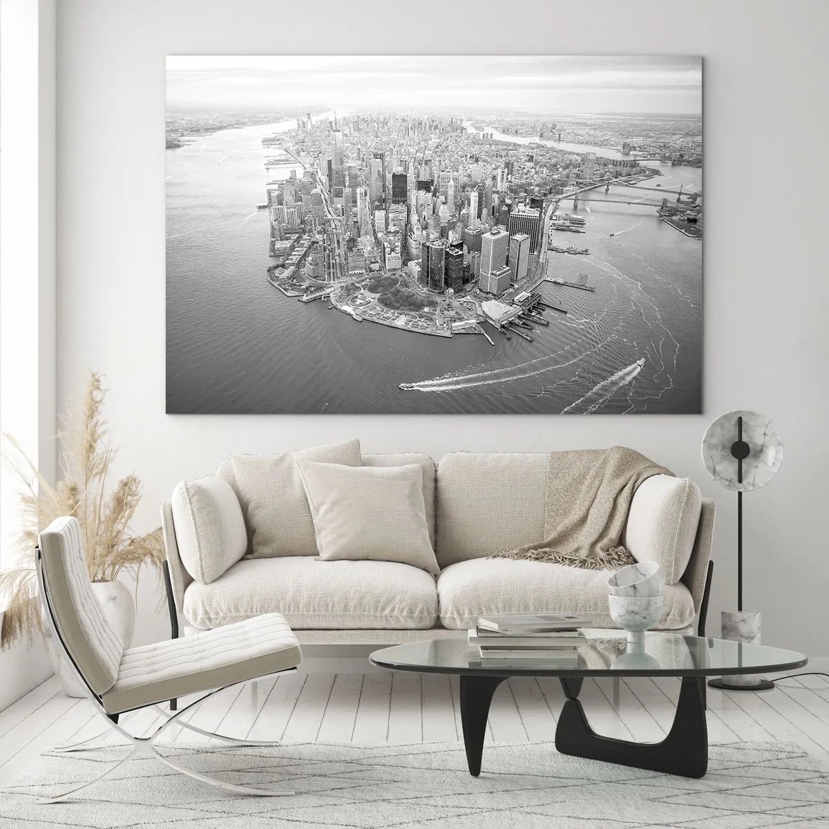 Obraz na szkle - Panorama miasta z lotu ptaka w czerni i bieli - 70x50cm - Jak nie pokochać? - Nowoczesna dekoracja ścienna do salonu i sypialni ARTTOR