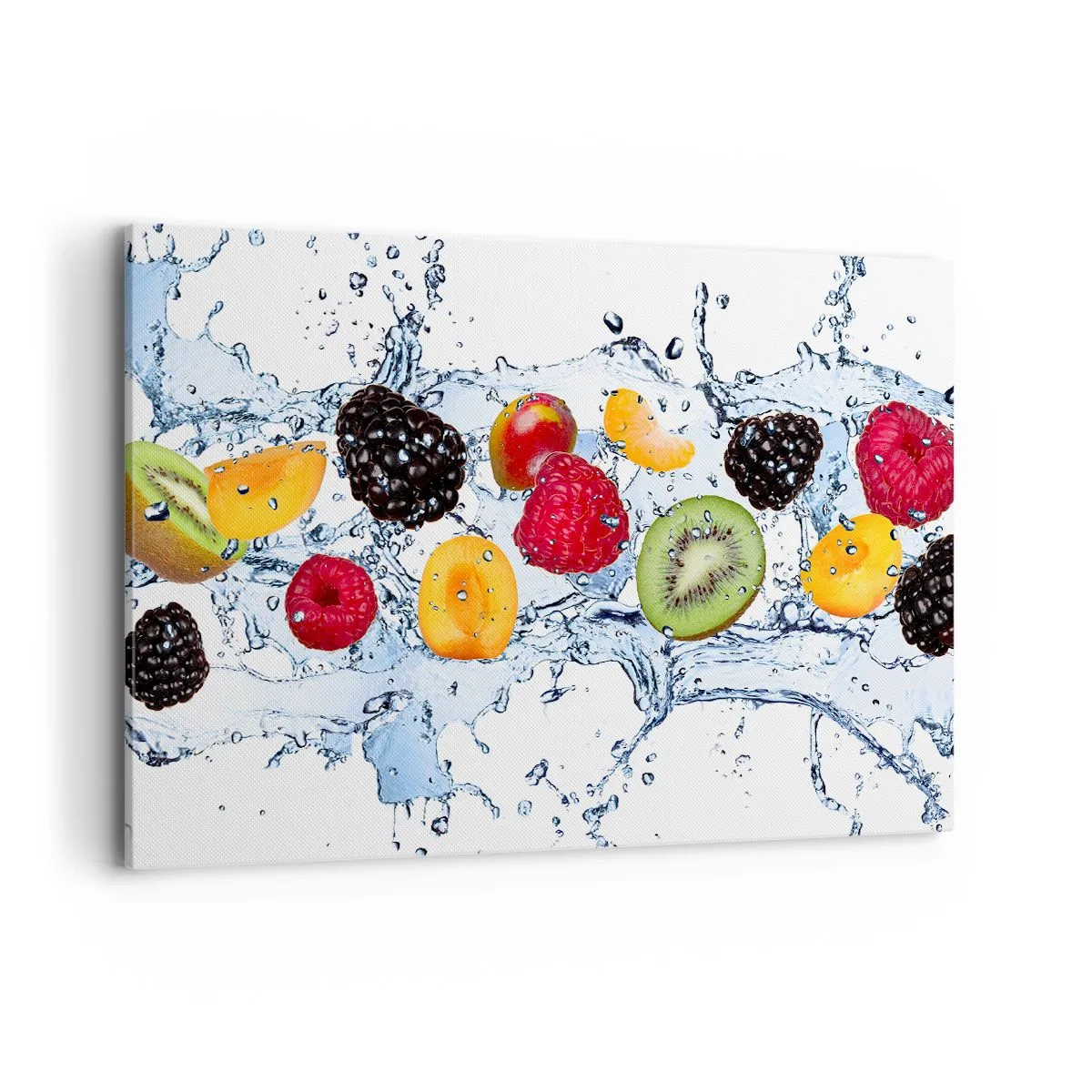 Obraz na płótnie - Kolorowe owoce zanurzone w rozpryskach wody na białym tle - 120x80cm - Baw się z nami - Nowoczesna dekoracja ścienna do salonu, kuchni i sypialni ARTTOR