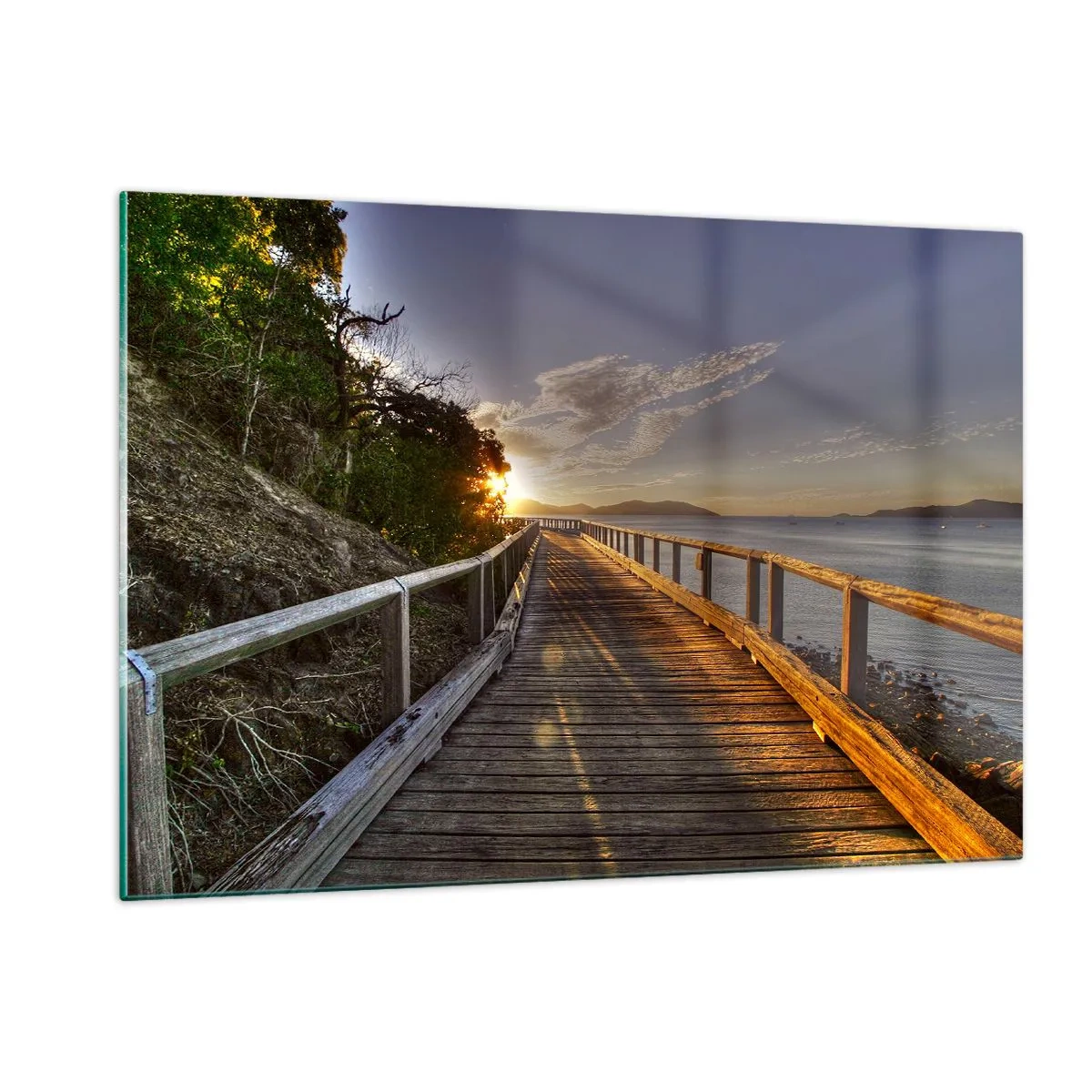 Obraz na szkle - Drewniana kładka o zachodzie słońca - 120x80cm - Iść, ciągle iść w stronę słońca - Nowoczesna dekoracja ścienna do salonu, kuchni i sypialni ARTTOR