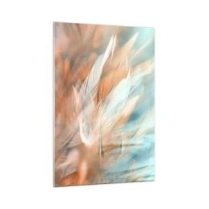 Obraz na szkle - Delikatne pióra w pastelowych odcieniach błękitu i pomarańczu - 70x100cm - W krainie łagodności - Nowoczesna dekoracja ścienna do salonu i sypialni ARTTOR