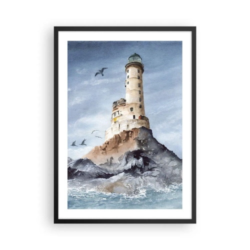 Plakat w czarnej ramie - Akwarela przedstawiająca latarnię morską na skalistym wybrzeżu - 50x70cm - Niezwyciężona - Nowoczesna dekoracja ścienna do salonu i sypialni ARTTOR