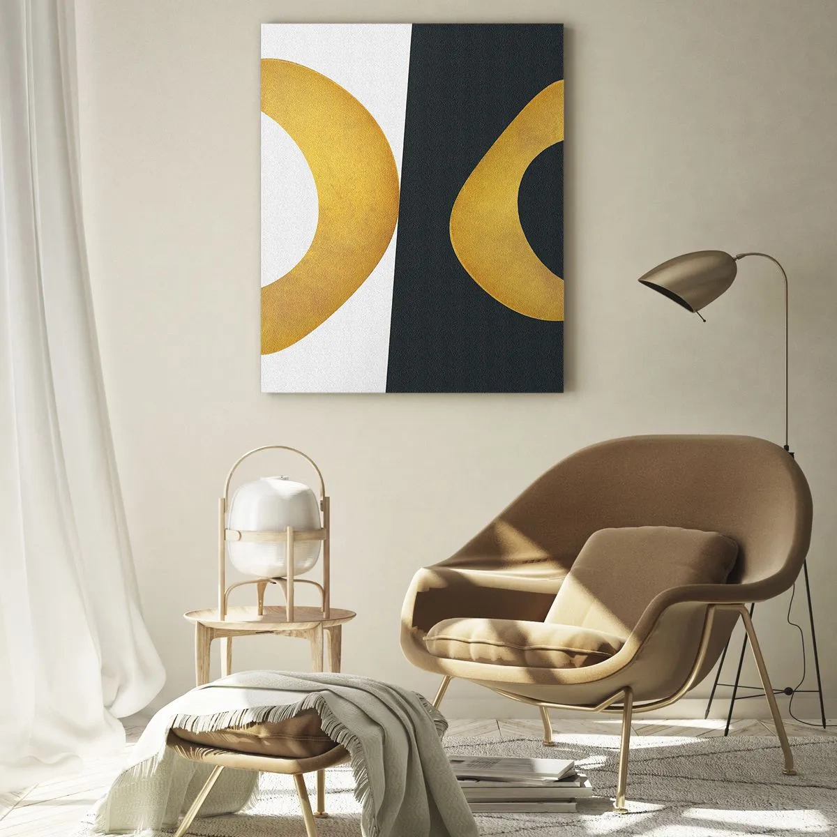 Obraz na szkle - Złote geometryczne kształty na białym i czarnym tle - 50x70cm - Po pierwsze: złoto - Nowoczesna dekoracja ścienna do salonu, kuchni i sypialni ARTTOR