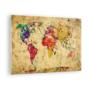 Obraz na szkle - Kolorowa mapa świata na teksturowanym, vintage tle - 70x50cm - Życie jak barwny papier mapy - Nowoczesna dekoracja ścienna do salonu i sypialni ARTTOR