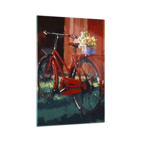 Obraz na szkle - Czerwony rower z kwiatami w tle pomarańczowej ściany - 70x100cm - I want to ride my bicycle - Nowoczesna dekoracja ścienna do salonu i sypialni ARTTOR