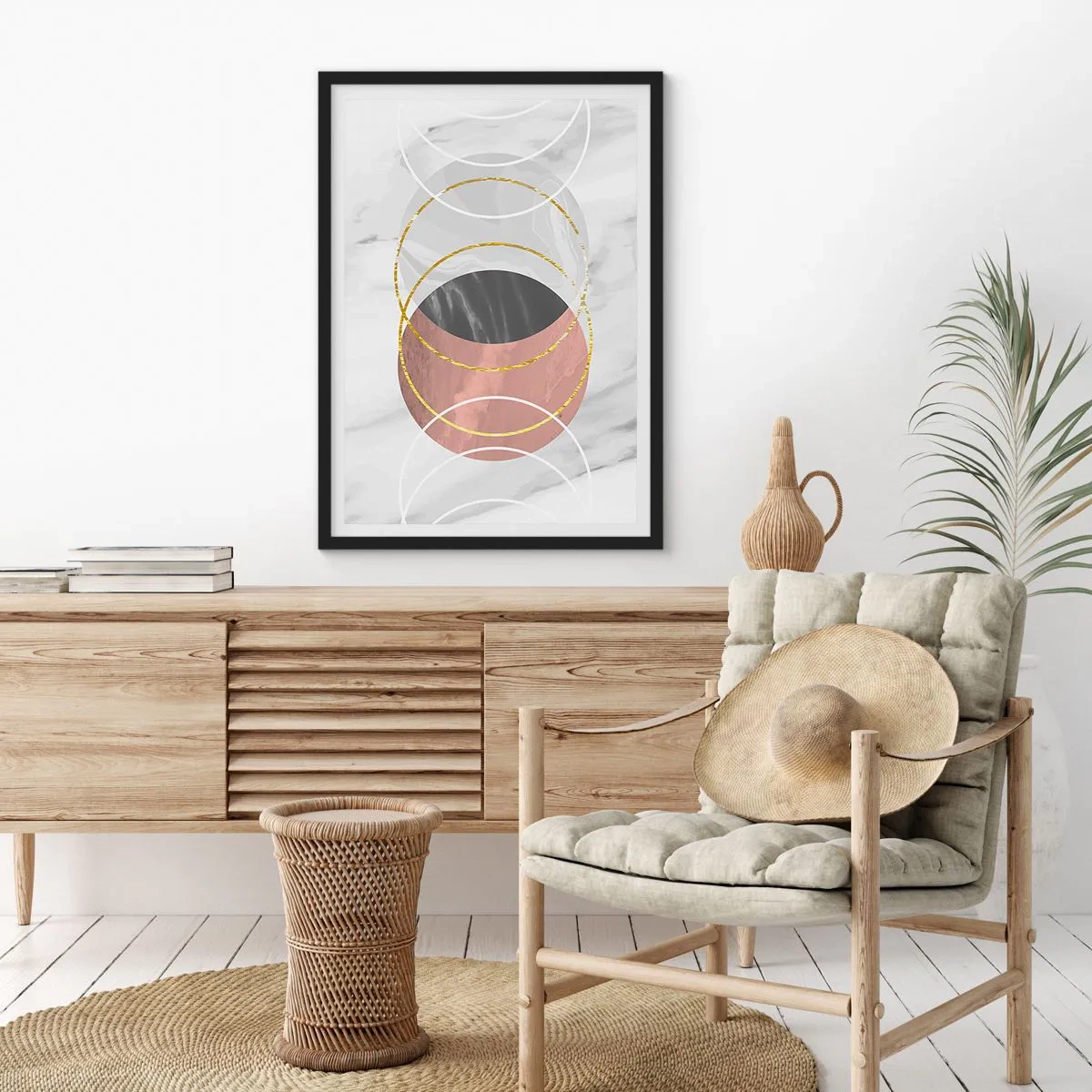 Plakat w czarnej ramie - Abstrakcyjna kompozycja z okręgami i złotymi akcentami - 50x70cm - Muzyka sfer - Nowoczesna dekoracja ścienna do salonu i sypialni ARTTOR