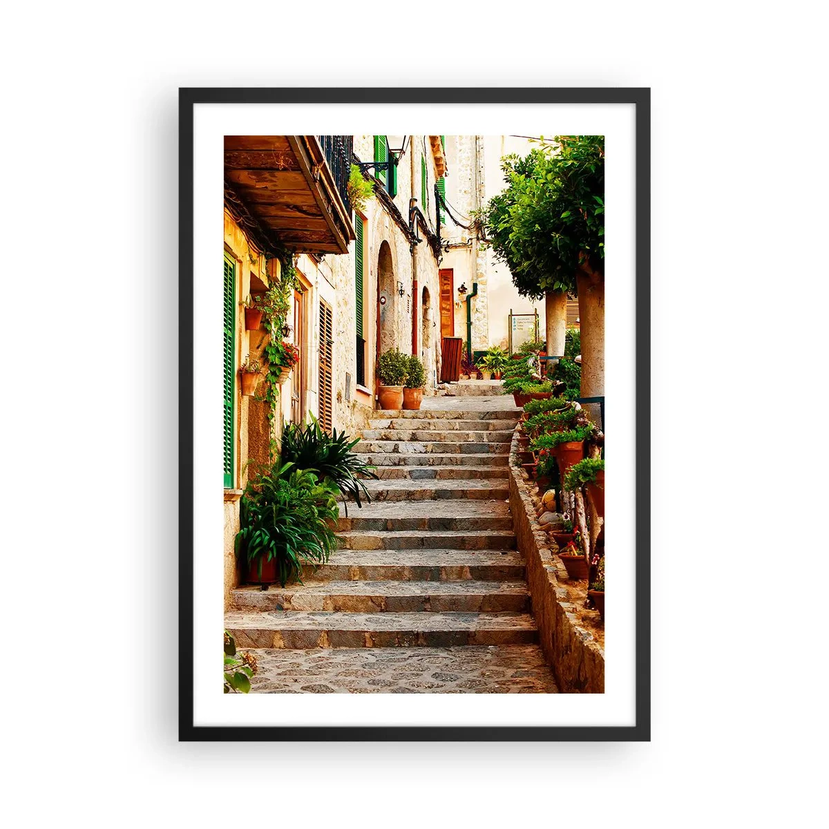 Plakat w czarnej ramie - Urok śródziemnomorskiej uliczki - 50x70cm - Czar hiszpańskich wakacji - Nowoczesna dekoracja ścienna do salonu i sypialni ARTTOR