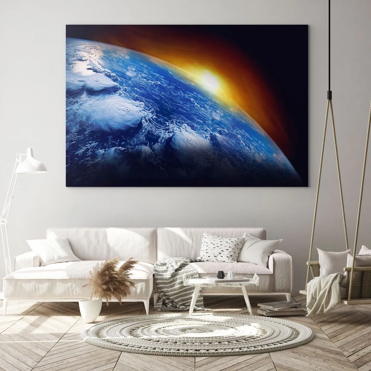 Obraz na szkle - Ziemia w kosmosie oświetlona promieniami słońca - 70x50cm - Wschód słońca nad błękitną planetą - Nowoczesna dekoracja ścienna do salonu i sypialni ARTTOR