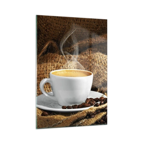 Obraz na szkle - Filiżanka kawy z ziarnami na jutowym tle - 50x70cm - Zapach moki i gęstość miodowego płynu - Nowoczesna dekoracja ścienna do salonu, kuchni i sypialni ARTTOR