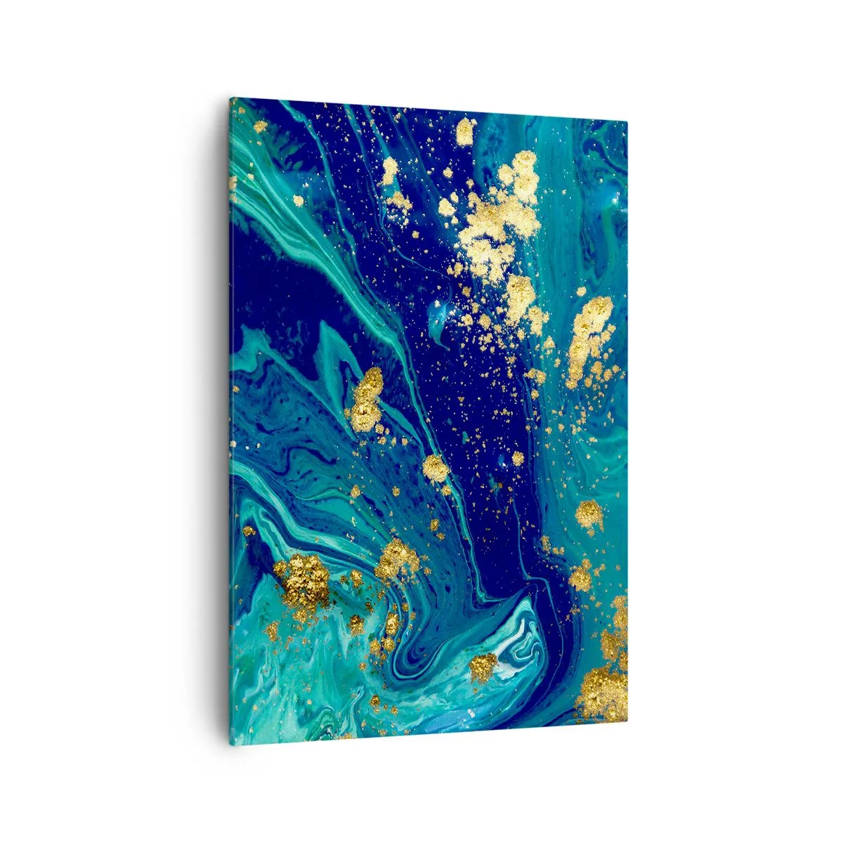 Obraz na płótnie - Abstrakcyjna kompozycja z błękitem, zielenią i złotymi akcentami - 70x100cm - Płatki słońca  - Nowoczesna dekoracja ścienna do salonu i sypialni ARTTOR