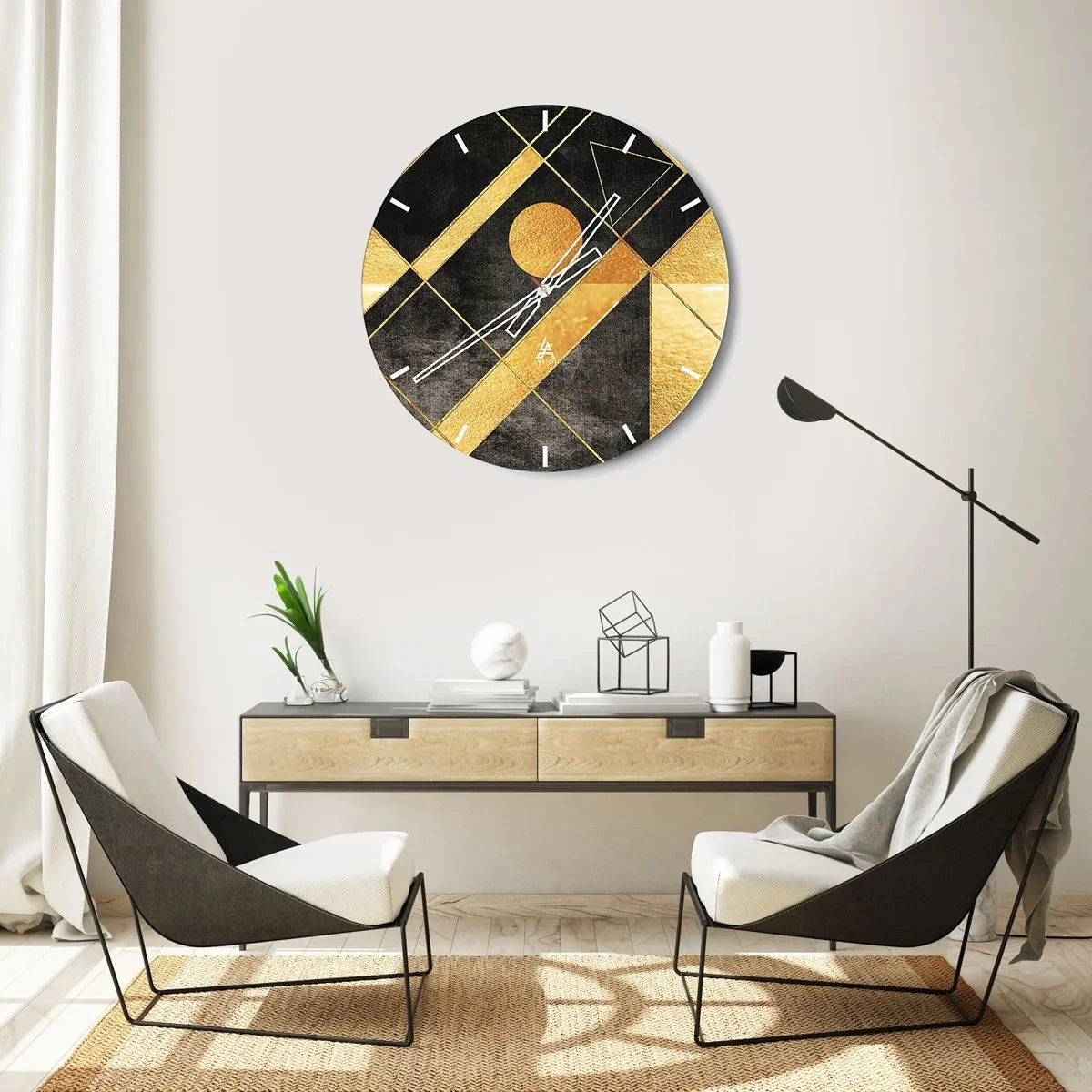Zegar ścienny - Złote geometryczne formy na czarnym tle z motywem słońca - 30x30cm - Słońce pustyni - Nowoczesna dekoracja ścienna do salonu, kuchni i sypialni ARTTOR