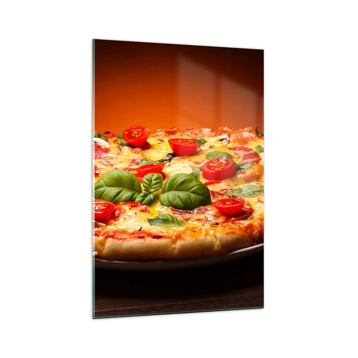 Obraz na szkle - Pizza z pomidorami i bazylią na drewnianym stole - 70x100cm - Mamma mia! - Nowoczesna dekoracja ścienna do salonu i sypialni ARTTOR