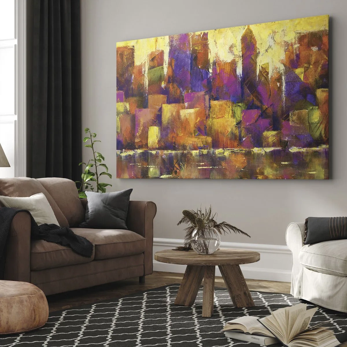 Obraz na płótnie - Abstrakcyjna kompozycja metropolii w odcieniach żółci i fioletu - 120x80cm - Kompozycja metropolitalna - Nowoczesna dekoracja ścienna do salonu, kuchni i sypialni ARTTOR