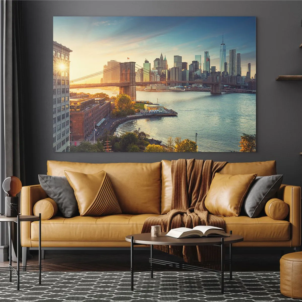 Obraz na szkle - Panorama Nowego Jorku z mostem Brooklyn - 100x70cm - Wielkomiejski świt - Nowoczesna dekoracja ścienna do salonu, kuchni i sypialni ARTTOR