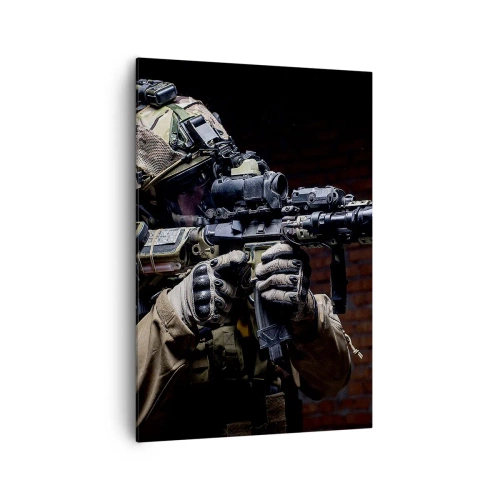 Obraz na płótnie - Żołnierz w pełnym ekwipunku z karabinem - 70x100cm - Zabójczo skuteczny - Nowoczesna dekoracja ścienna do salonu i sypialni ARTTOR